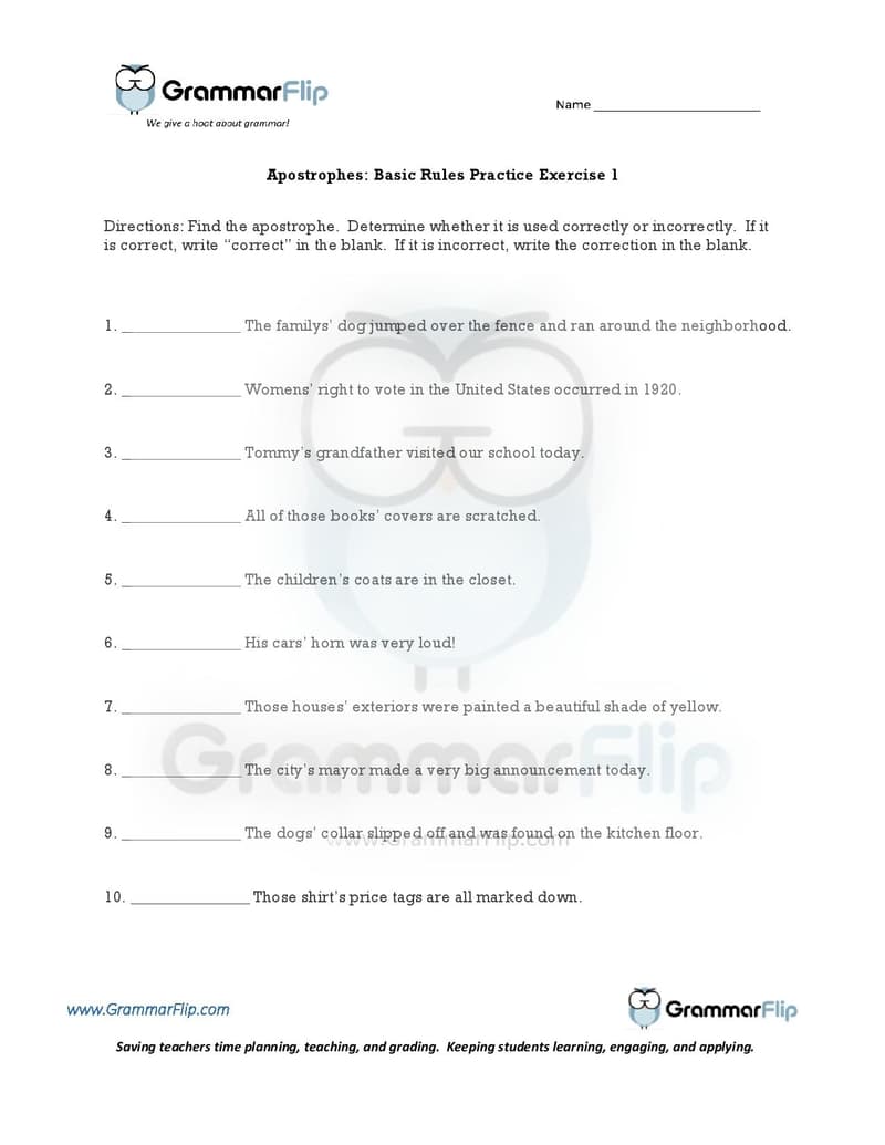 Apostrophes Basic Rules Free Worksheet